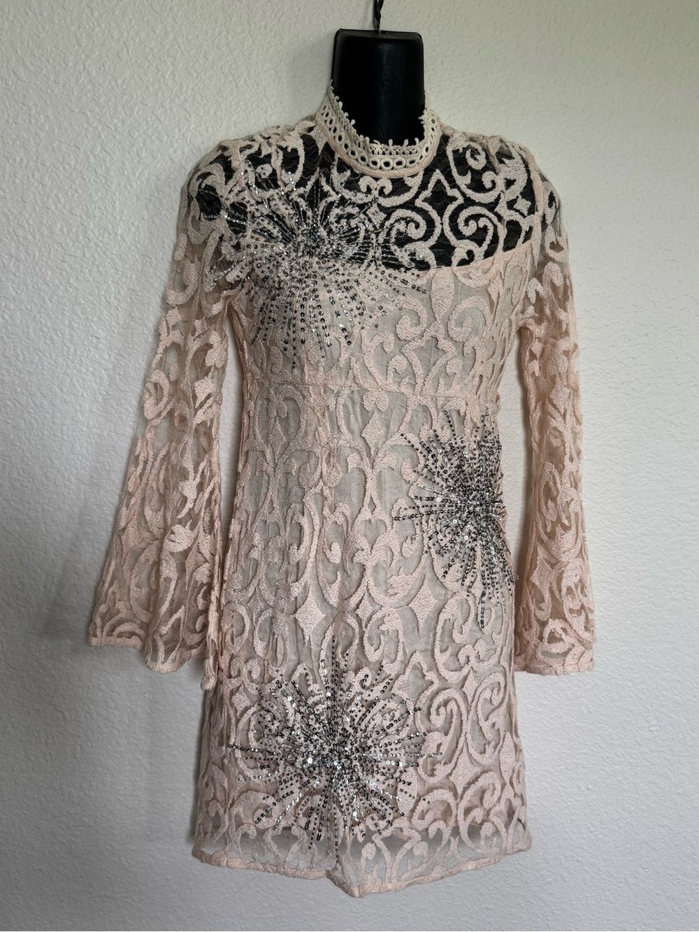 Free People Cream Pink Lace Crystal Studded Mini Dress